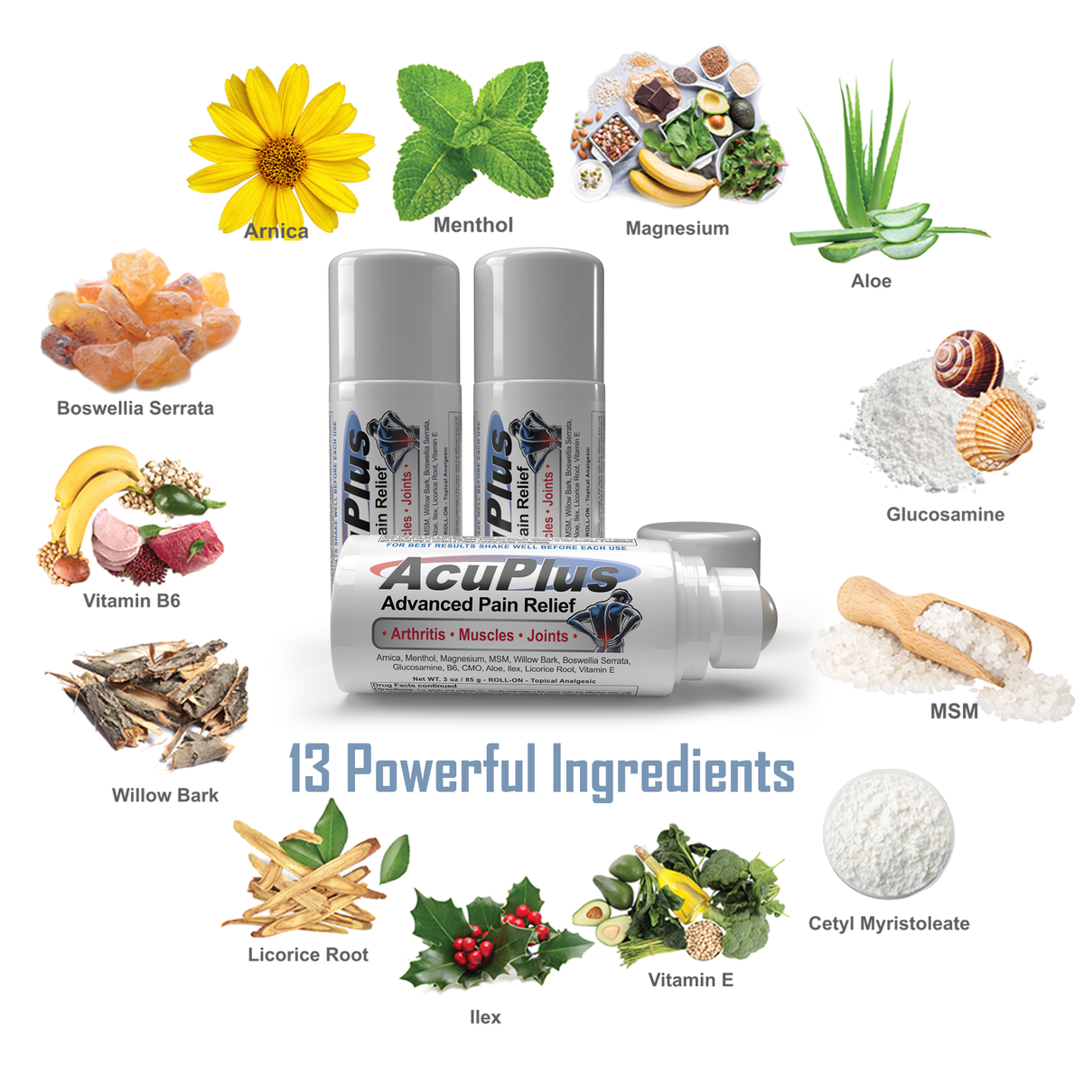 AcuPlus 3 oz Pain Relief Roll-On 3 Pack – Hands-Free Menthol Pain Relief for Muscles and Joints